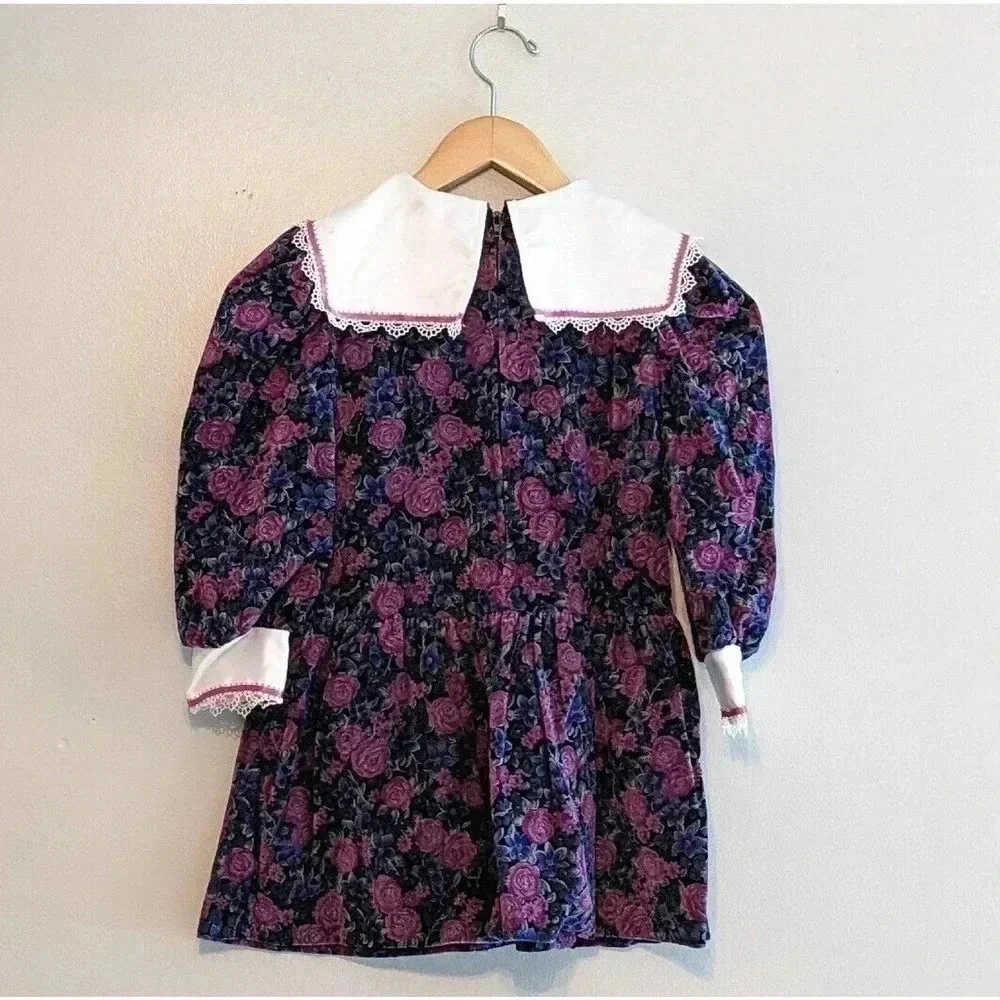 Vintage Hi Girls Inc Dark Purple Black Floral Velvet Dress Peter Pan Collar 80s